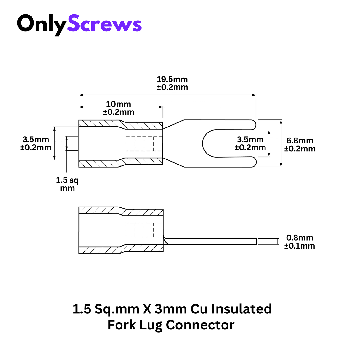 1.5 Sq.mm X 3mm Insulated Copper Fork Crimp Terminal Lug Connector