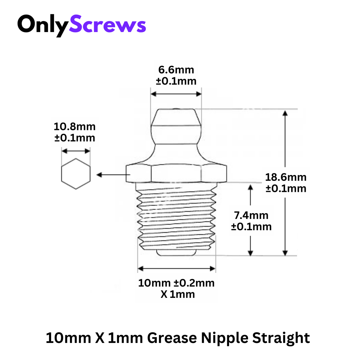 10mm X 1mm Grease Nipple Straight 180° Mild Steel with Zinc Plating