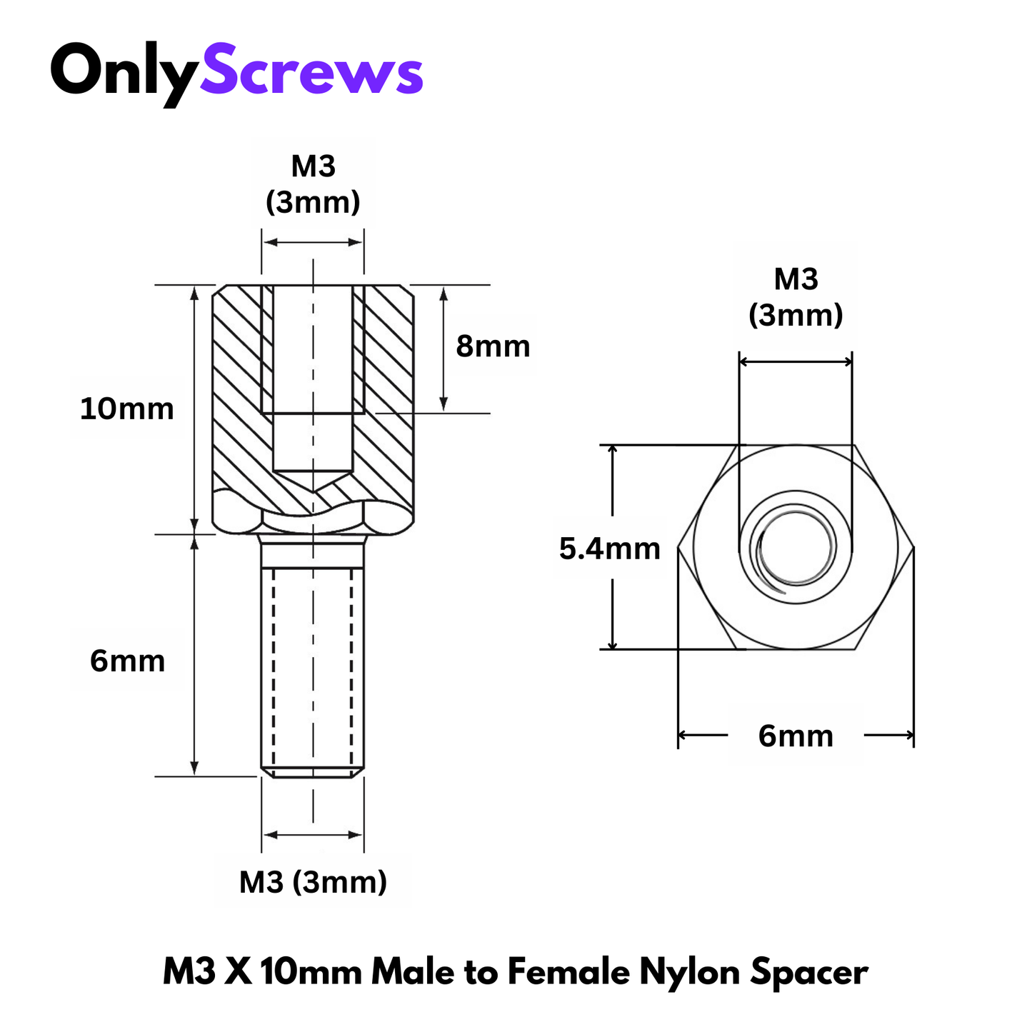 M3 X 10mm Male to Female Nylon Hex Threaded Standoff Spacer