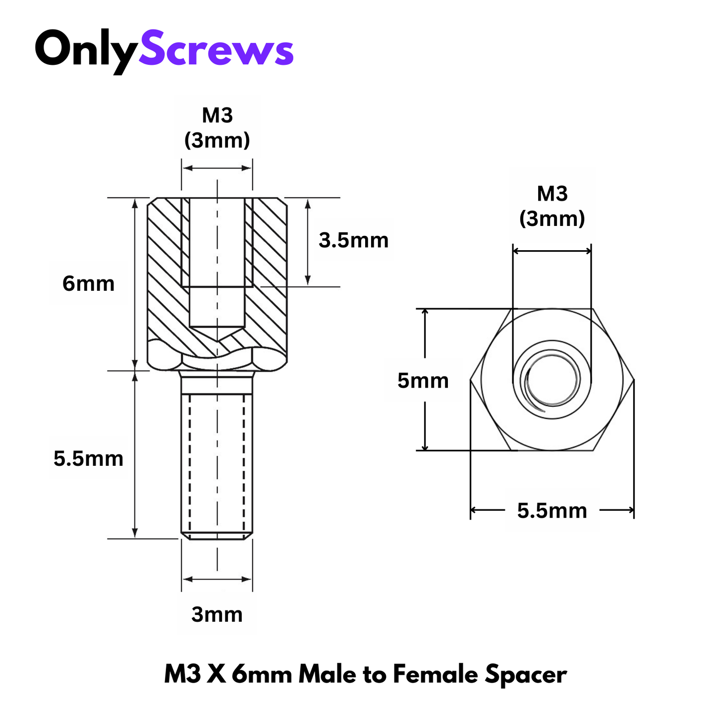 M3 X 6mm Male to Female Brass with Nickel plating Hex Threaded Standoff Spacer