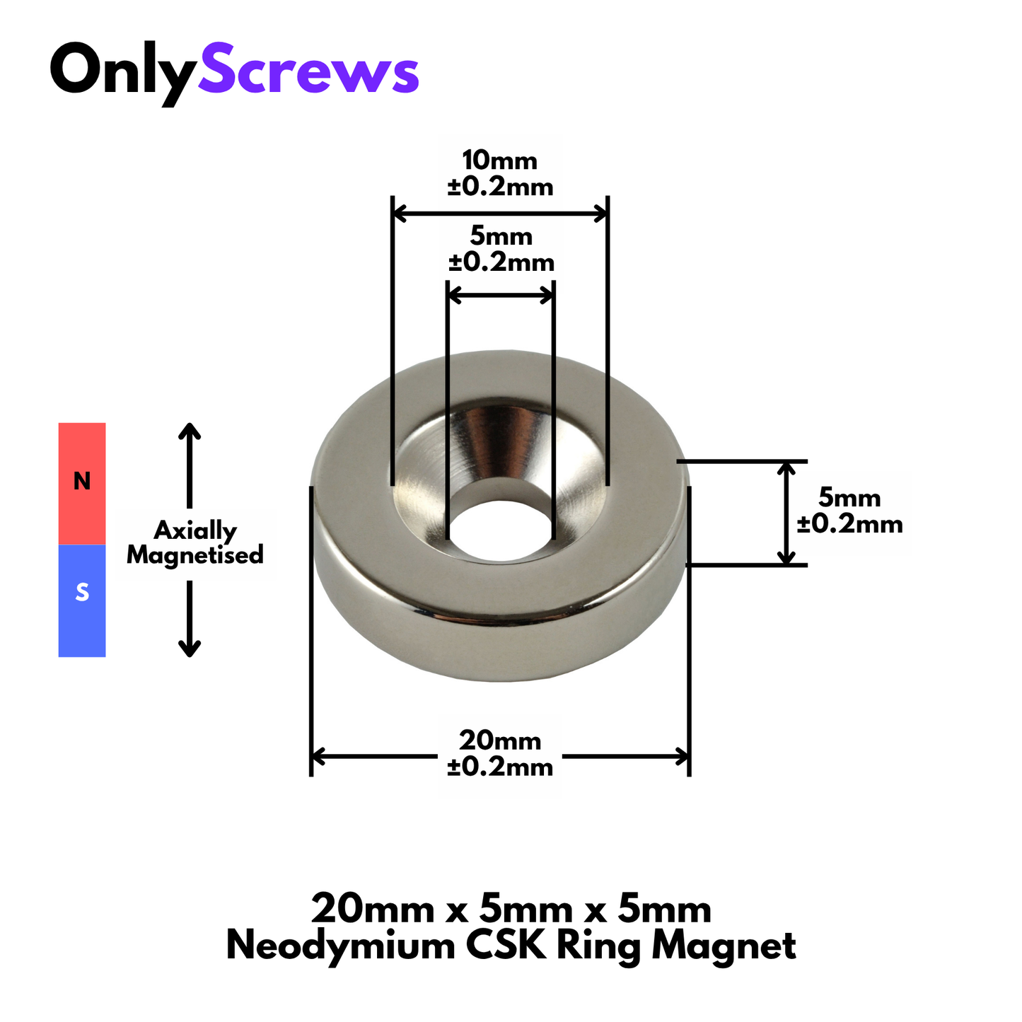 20mm x 5mm x 5mm Neodymium Countersunk (CSK) Ring Magnet N35 for M5 screw
