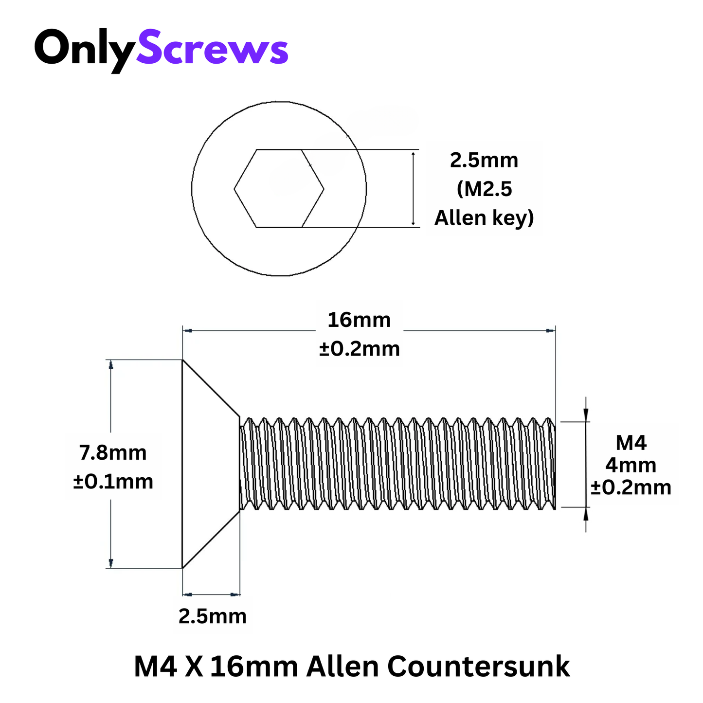 M4 X 16mm Hex (Allen) CSK High Tensile(10.9) Black Oxide Screw (Dia. 4mm, Length 16mm)
