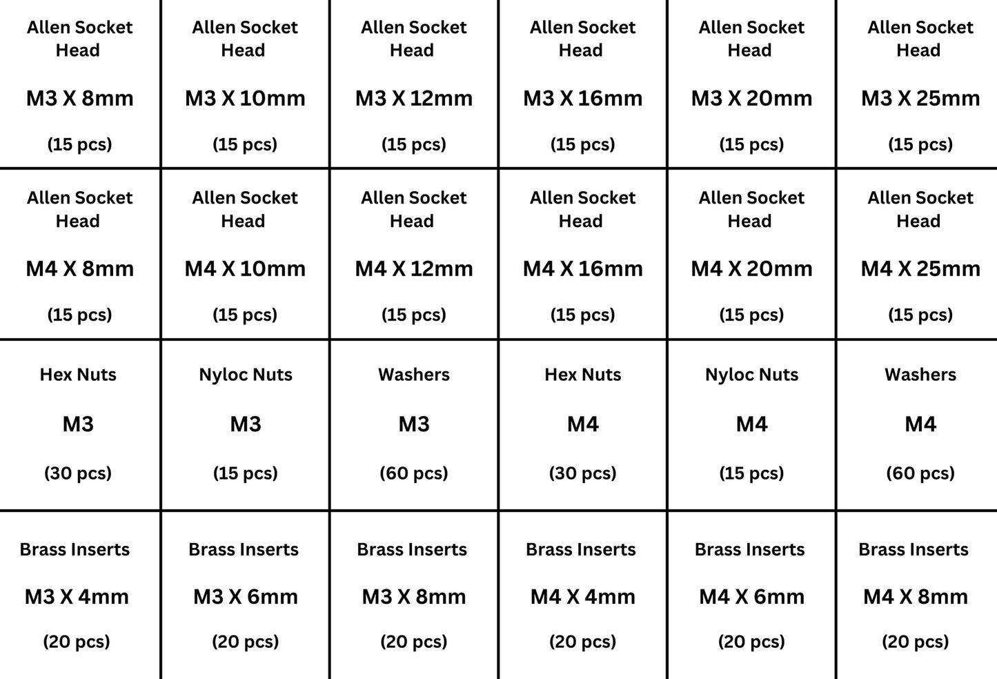 M3 & M4 3D Printing assorted screw pack (Allen socket heads, Hex nuts, Nyloc nuts, Washers & Brass inserts)