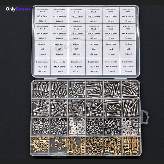 M3 & M4 3D Printing assorted screw pack (Allen socket heads, Hex nuts, Nyloc nuts, Washers & Brass inserts)