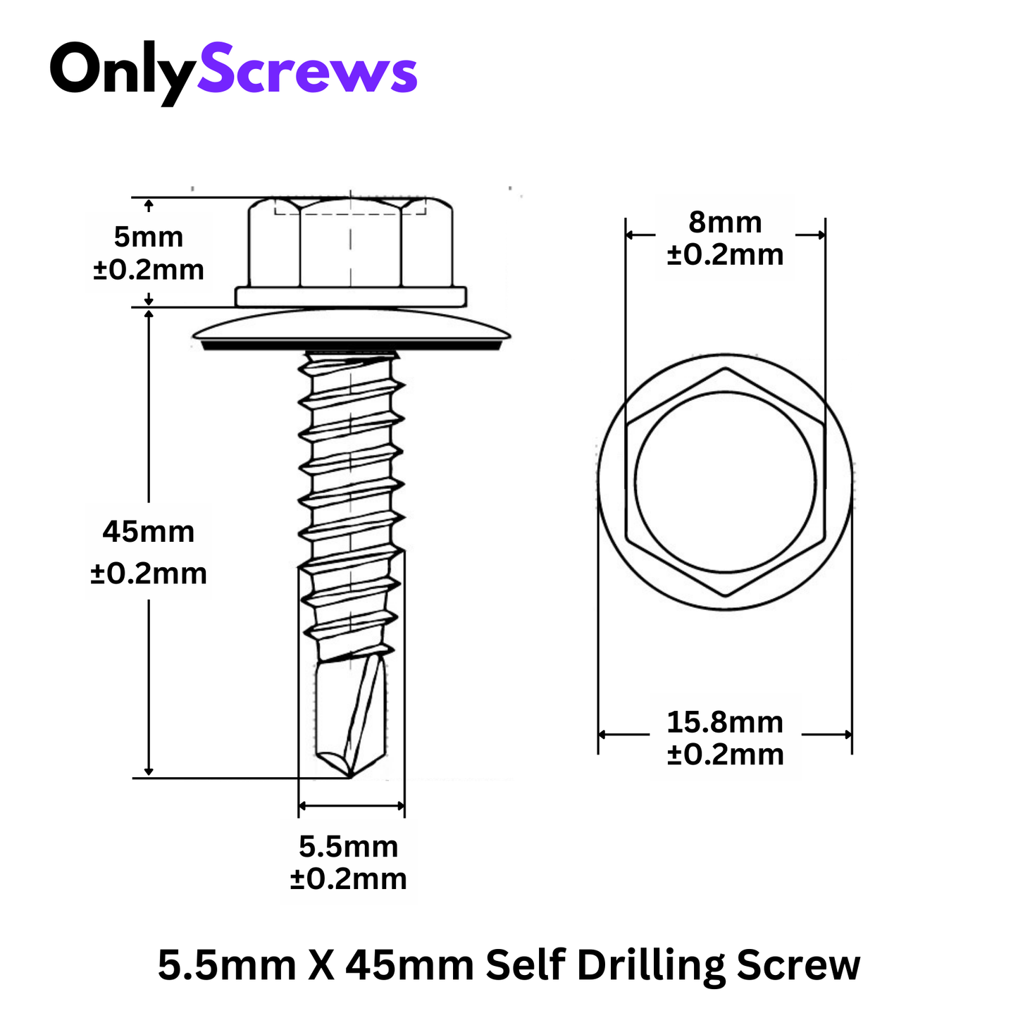5.5mm X 45mm Hex Head Self Drilling Roofing Screw Mild Steel with Zinc plating (Dia:5.5mm Length: 45mm)