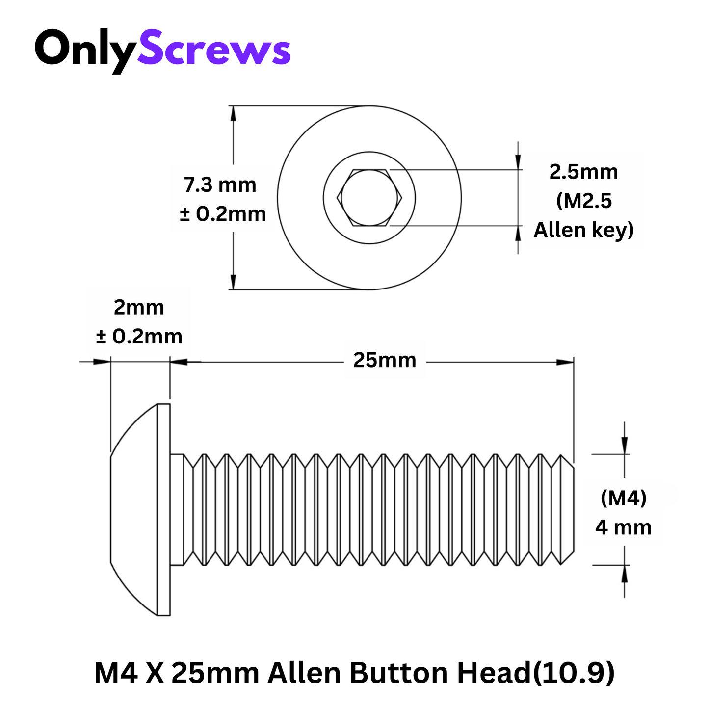 M4 X 25mm Hex (Allen) Button Head High Tensile(10.9) Black oxide screw (Dia. 4mm, Length 25mm)