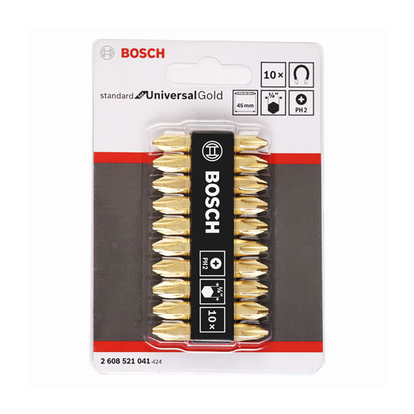 Bosch 65 mm Standard for Universal Gold Screwdriver Bits, 10 in 1 Pack PH2