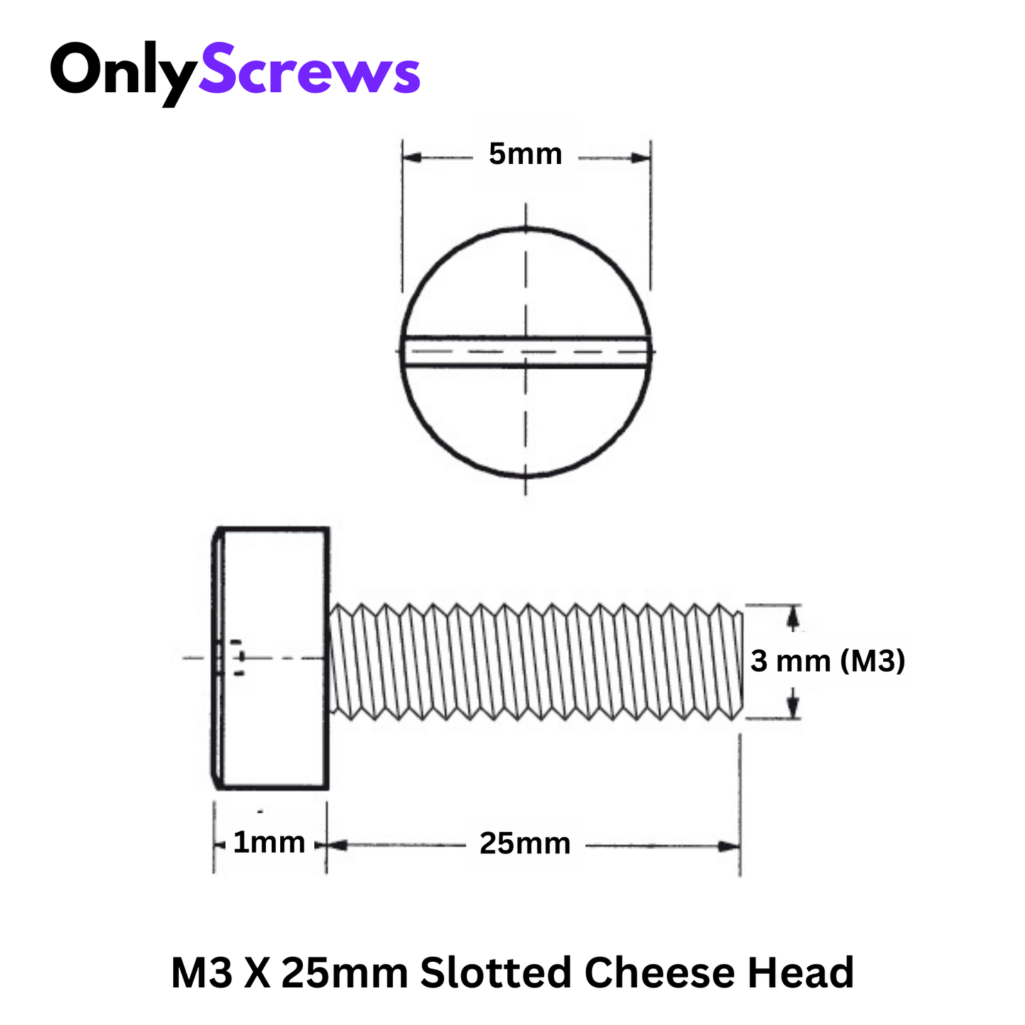 M3 X 25mm Slotted CHHD SS 304 Screw (Pack of 25)
