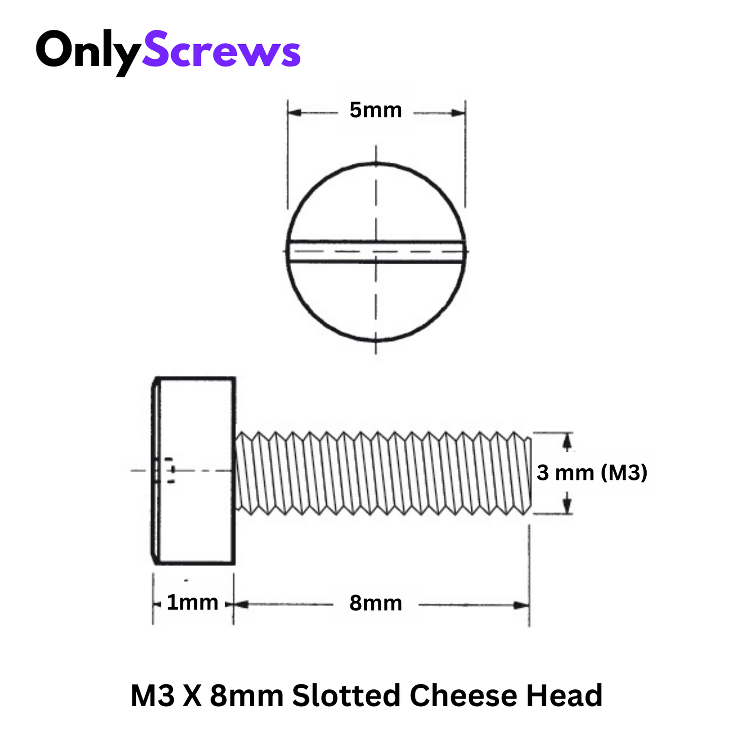 M3 X 8mm Slotted CHHD SS 304 Screw (Pack of 25)