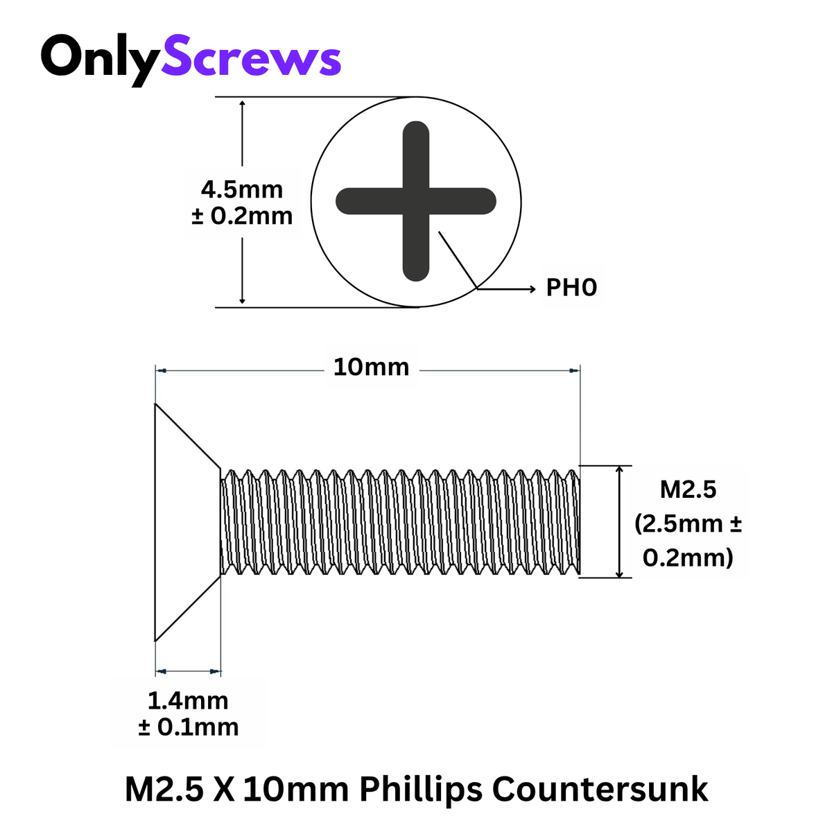 M2.5 X 10mm Phillips Countersunk (CSK) Mild Steel Black oxide Screw (Dia. 2.5mm, Length 10mm)
