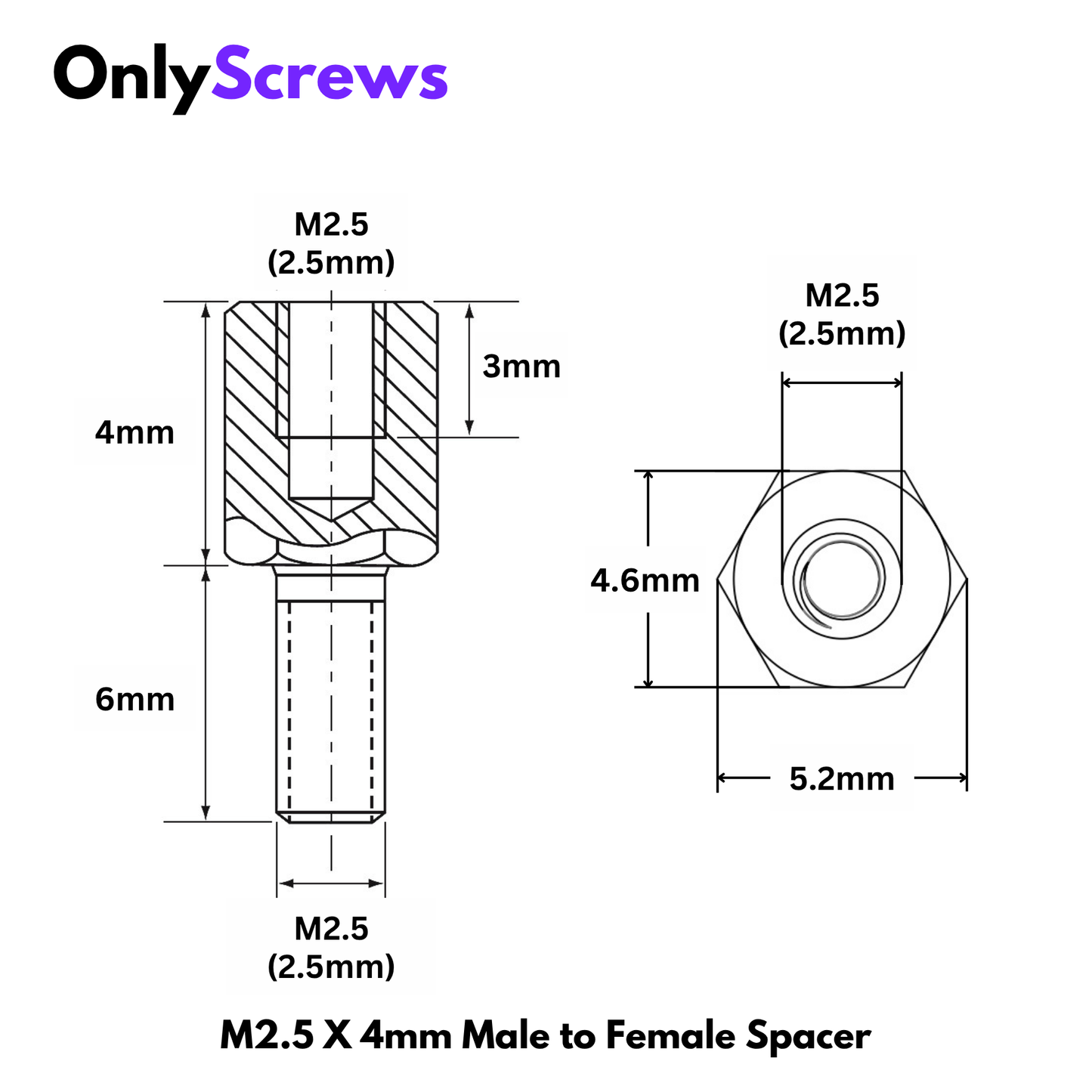 M2.5 X 4mm Male to Female Brass with Nickel plating Hex Threaded Standoff Spacer
