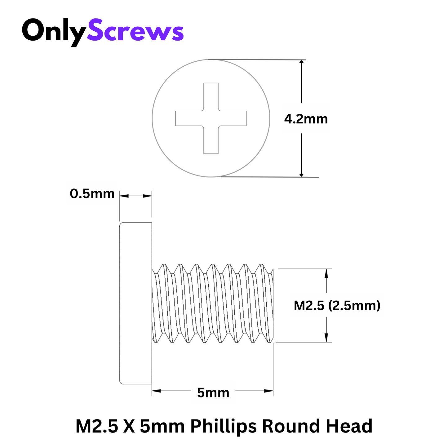 M2.5 X 5mm Phillips Round head Laptop Screw (Dia. 2.5mm, Length 5mm)