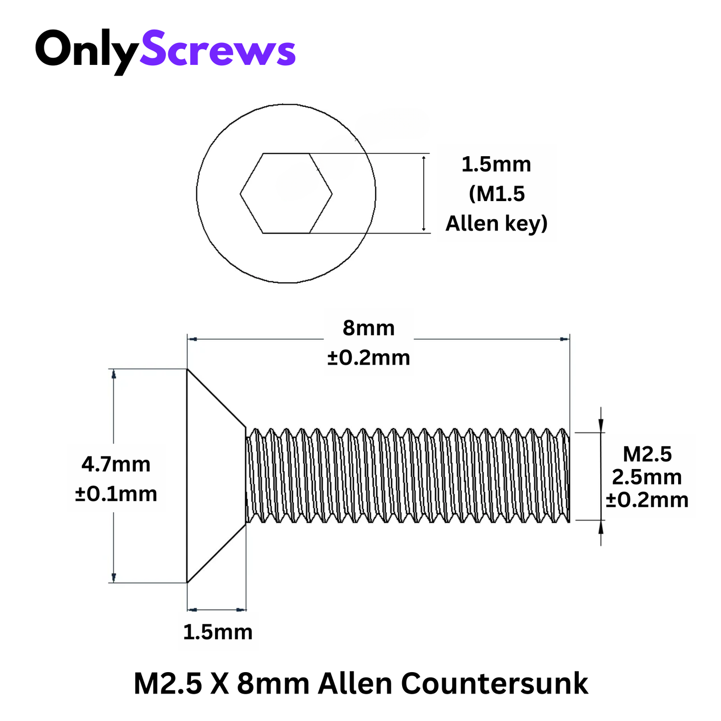 M2.5 X 8mm Hex (Allen) CSK High Tensile(10.9) Black Oxide Screw (Dia. 2.5mm, Length 8mm)