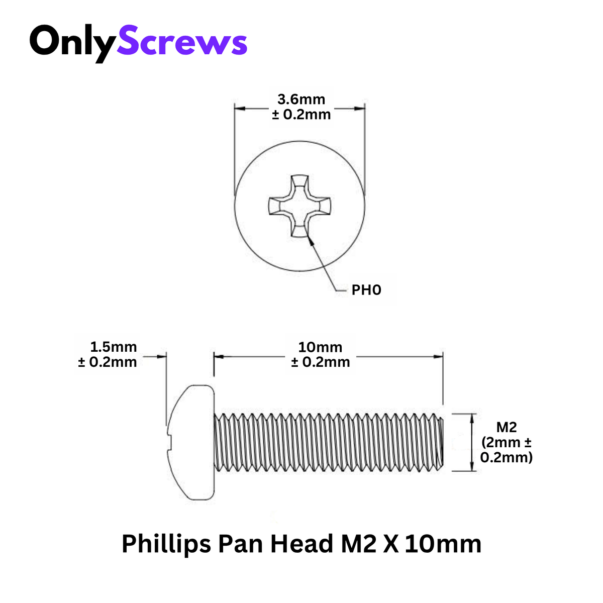 M2 X 10mm Phillips Pan Head Mild Steel Black oxide Screw (Dia. 2mm, Length 10mm)