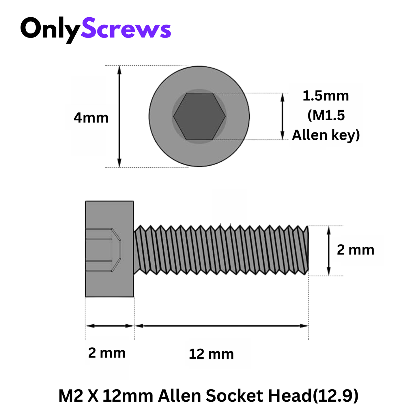 M2 X 12mm Hex (Allen) Socket Head High Tensile(12.9) Black oxide screw (Dia. 2mm, Length 12mm)