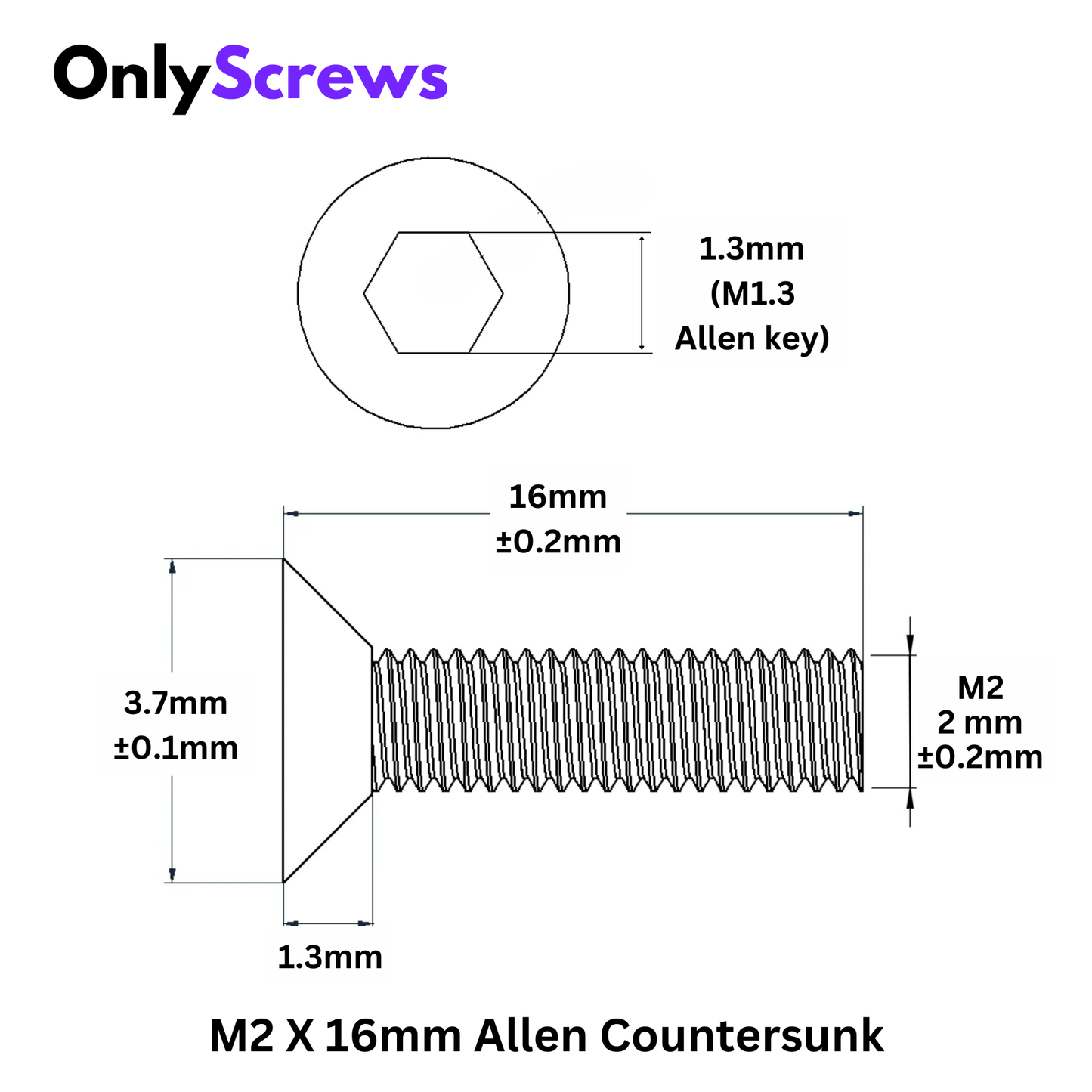 M2 X 16mm Hex (Allen) CSK High Tensile(10.9) Black Oxide Screw (Dia. 2mm, Length 16mm) (Copy)