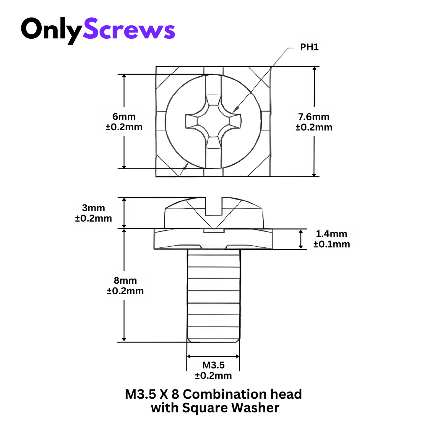 M3.5 X 8mm Pan Combination Head with Square Washer Mild Steel Natural finish Terminal Block Screw
