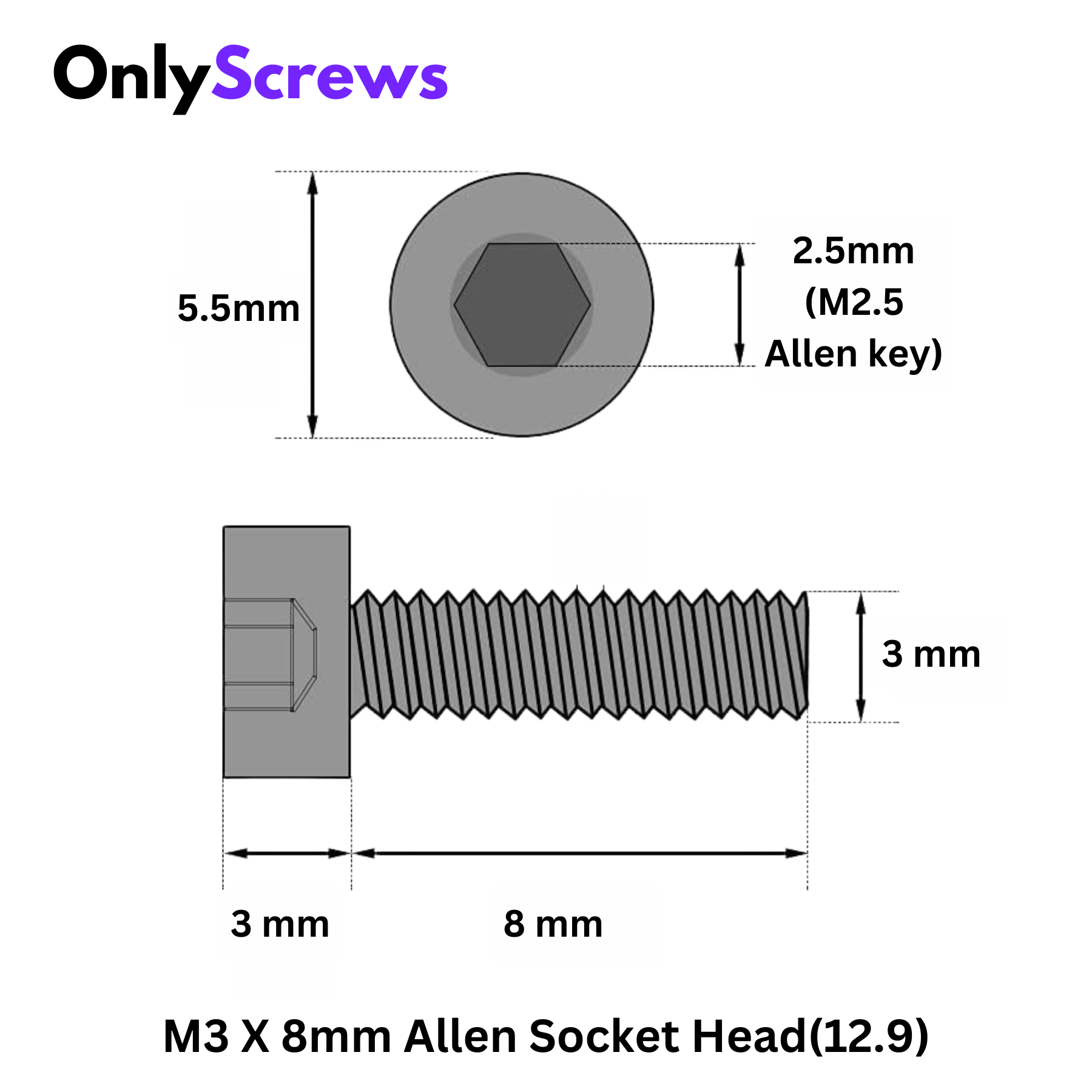 M3 X 8mm Hex (Allen) Socket Head High Tensile(12.9) Black anodized screw