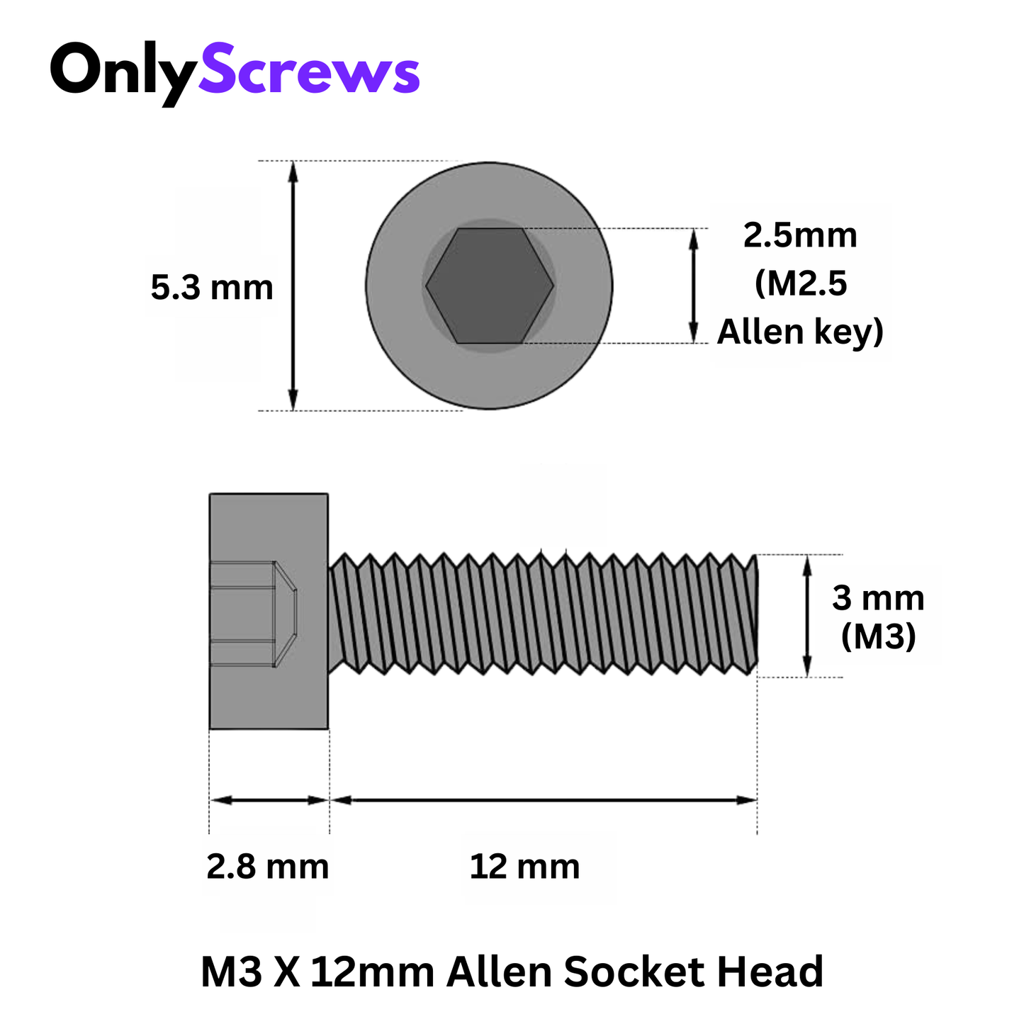 M3 X 12mm Hex (Allen) Socket Head SS 304 Screw