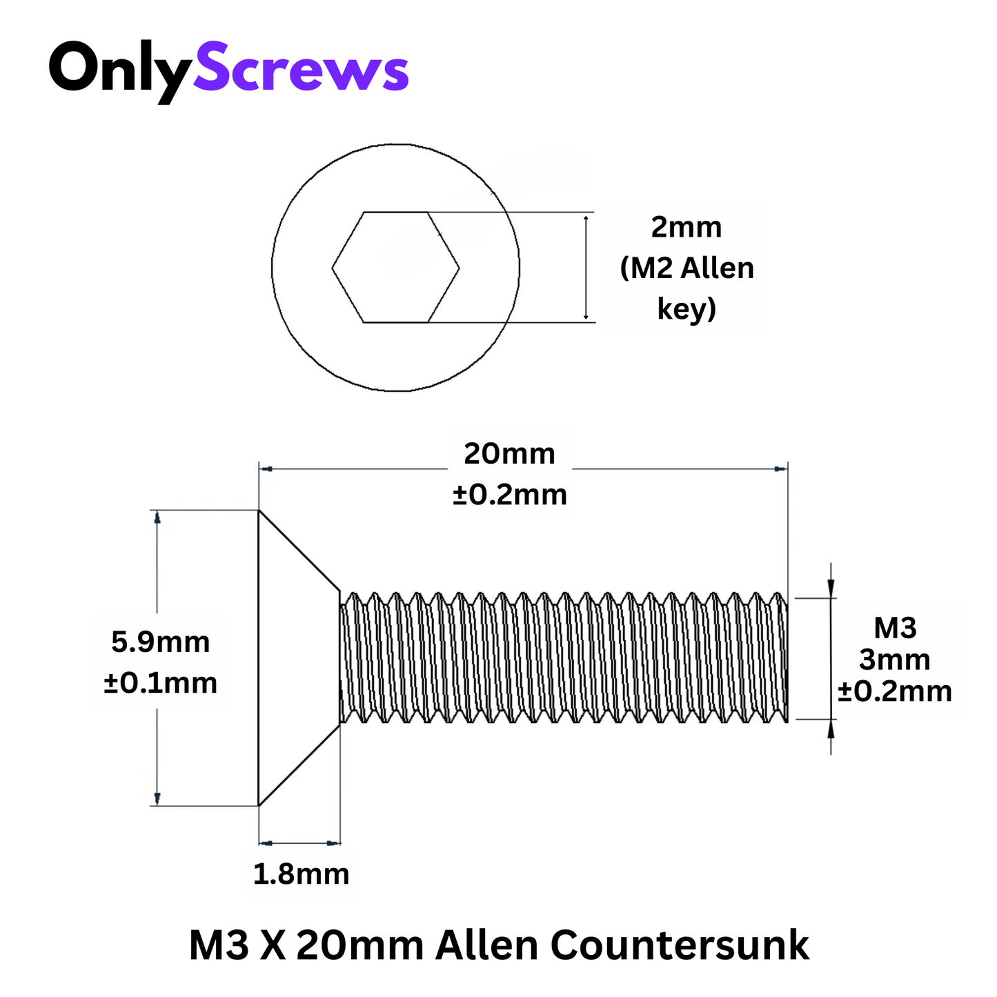 M3 X 20mm Hex (Allen) CSK High Tensile(10.9) Black Oxide Screw (Dia. 3mm, Length 20mm)
