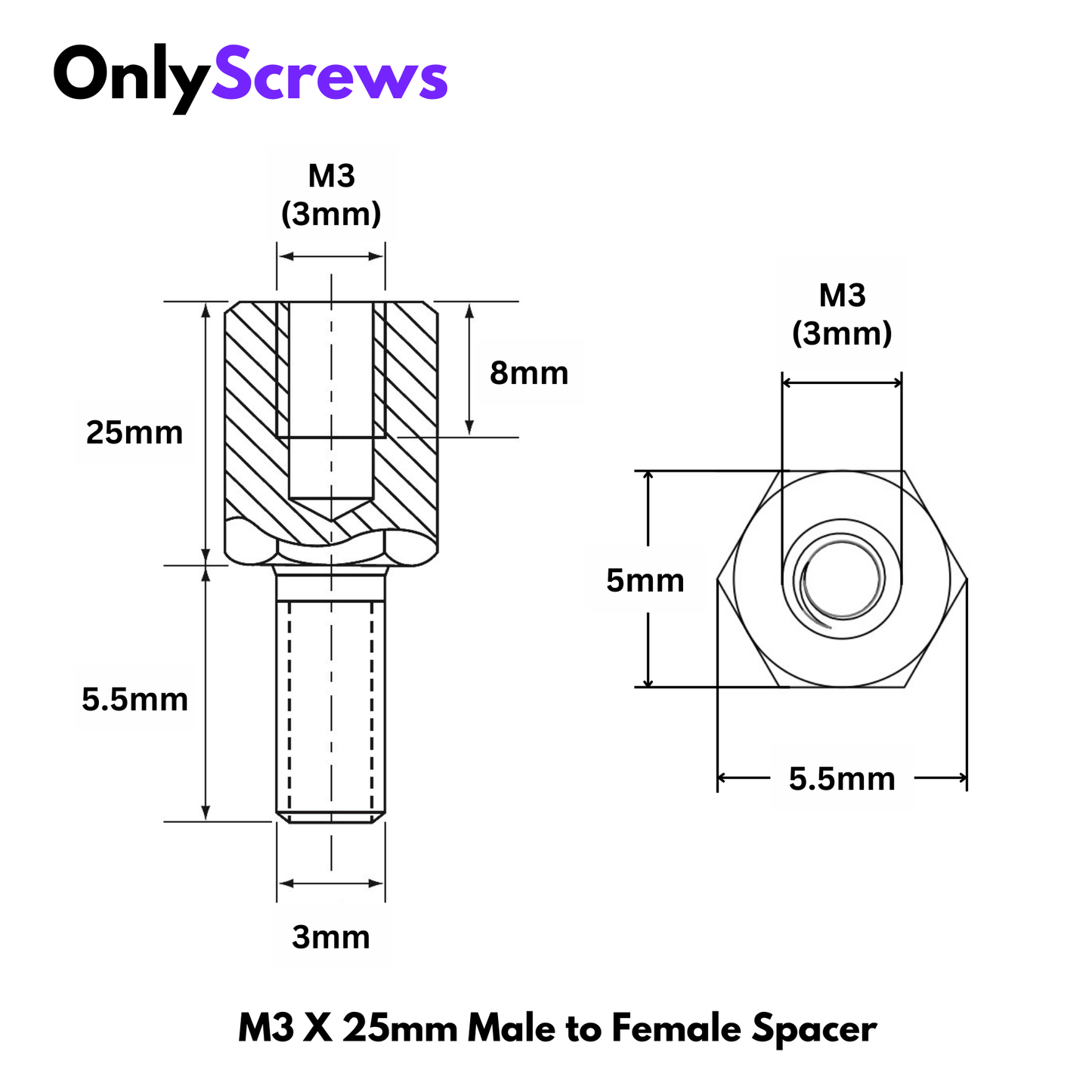 M3 X 25mm Male to Female Brass Spacer