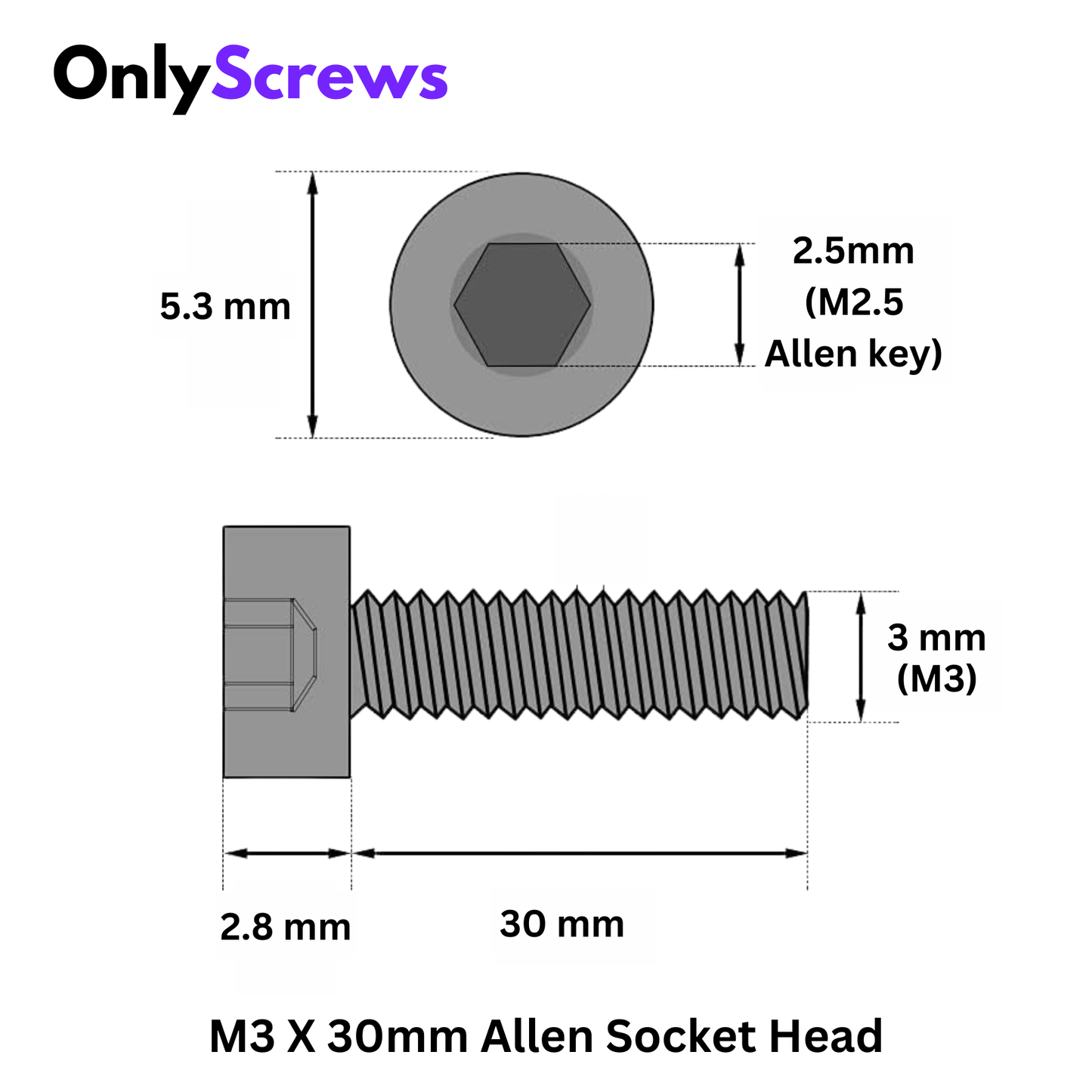 M3 X 30mm Hex (Allen) Socket Head SS 304 Screw