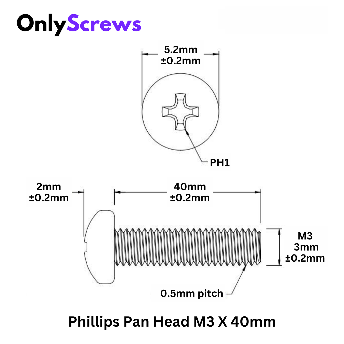 M3 X 40mm Phillips Pan head Mild Steel with Zinc Blue plating Screw (Dia. 3mm, Length 40mm)