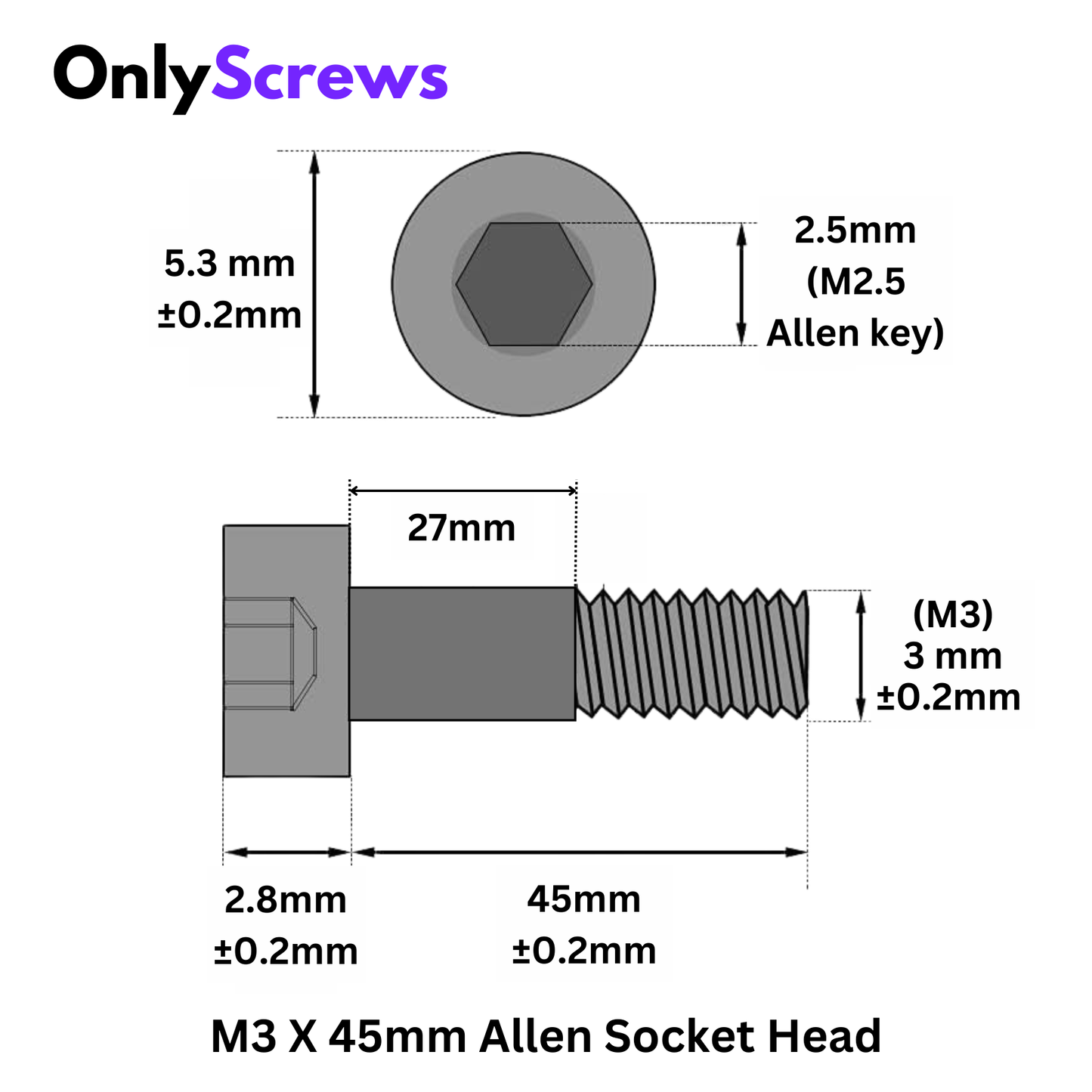 M3 X 45mm Hex (Allen) Socket Head High Tensile(12.9) Black oxide screw (Dia. 3mm, Length 45mm)