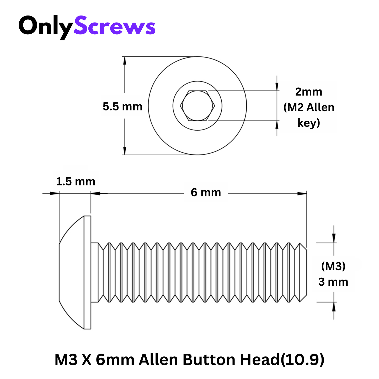 M3 X 6mm Hex (Allen) Button Head Hight Tensile(10.9) Black Oxide Screw