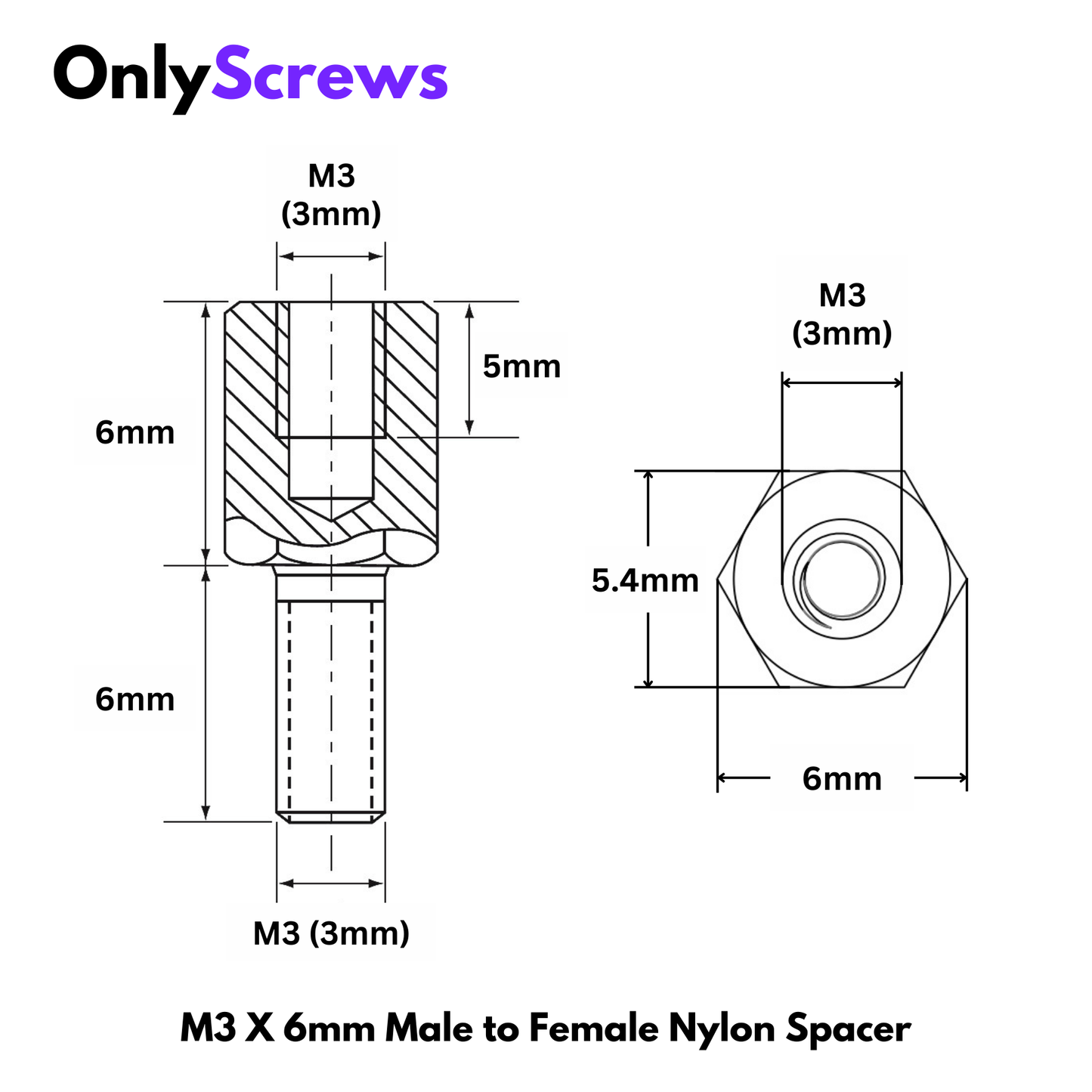M3 X 6mm Male to Female Nylon Hex Threaded Standoff Spacer