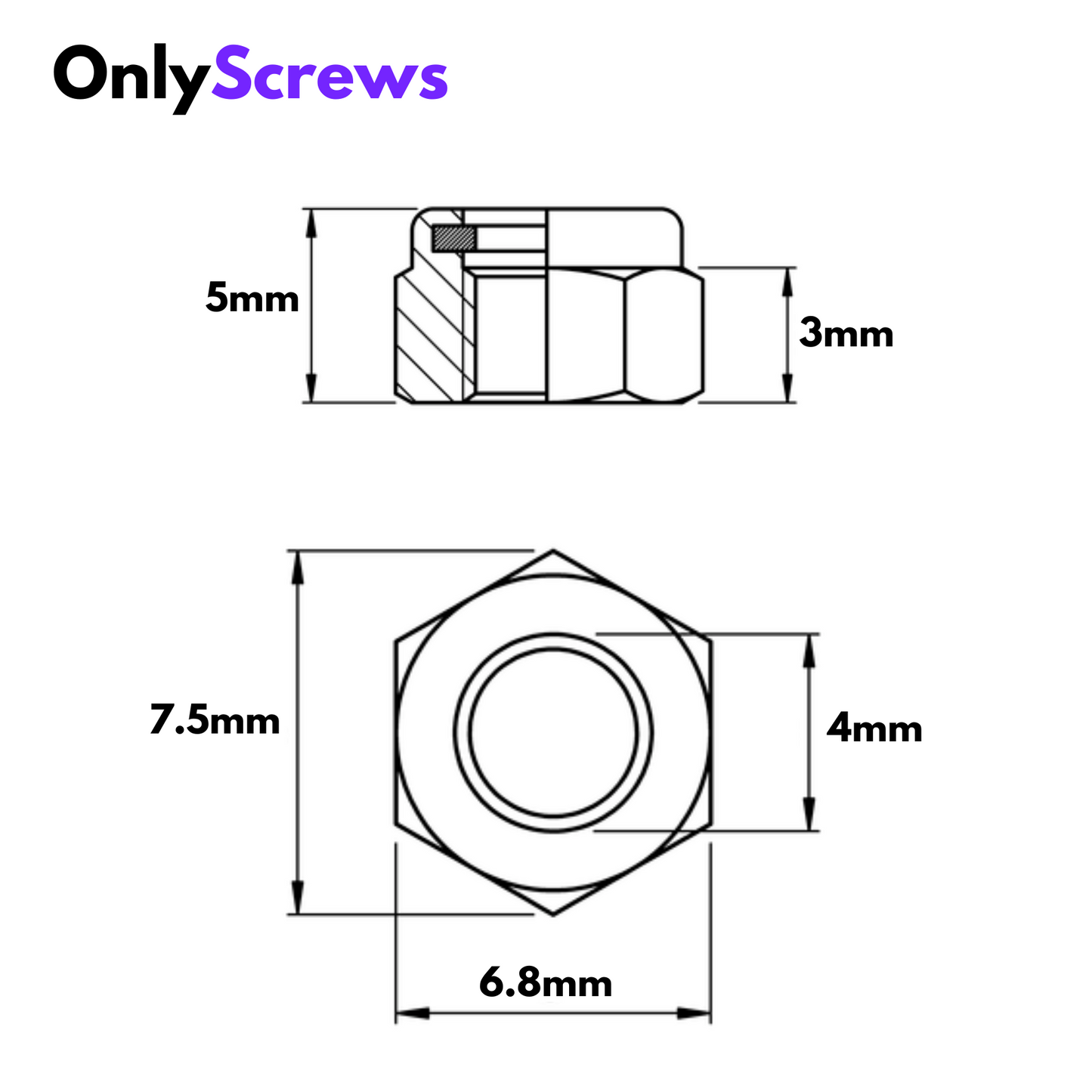 M4 Nyloc Nut Mild Steel with dimension