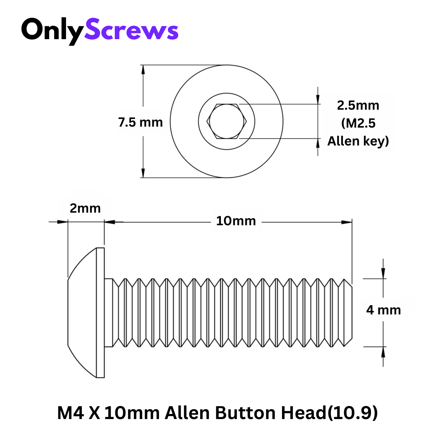 M4 X 10mm Hex (Allen) Button Head High Tensile(10.9) Black oxide screw