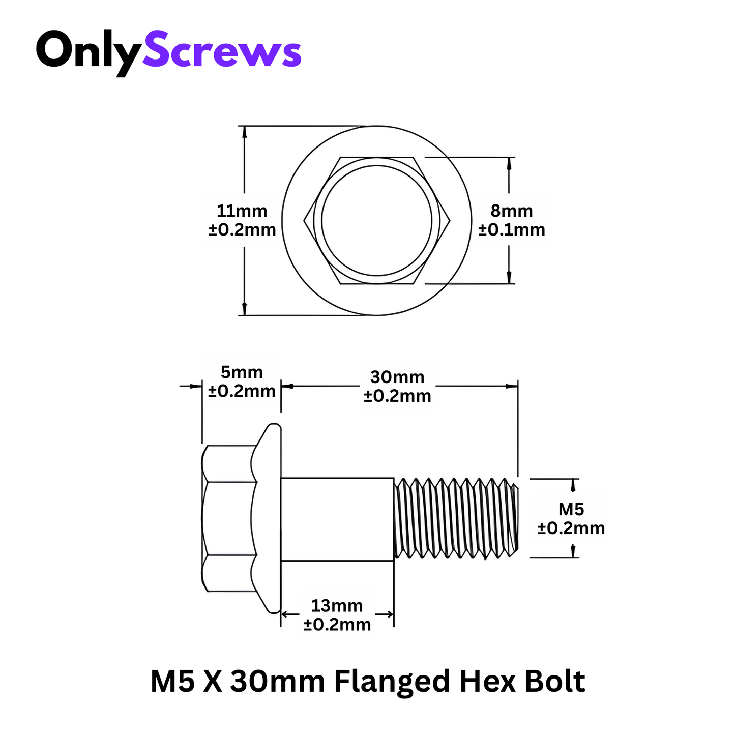 M5 X 30mm Flanged Hex Bolt High Tensile(8.8) with Zinc Plating (Dia: 5mm, Length: 30mm)