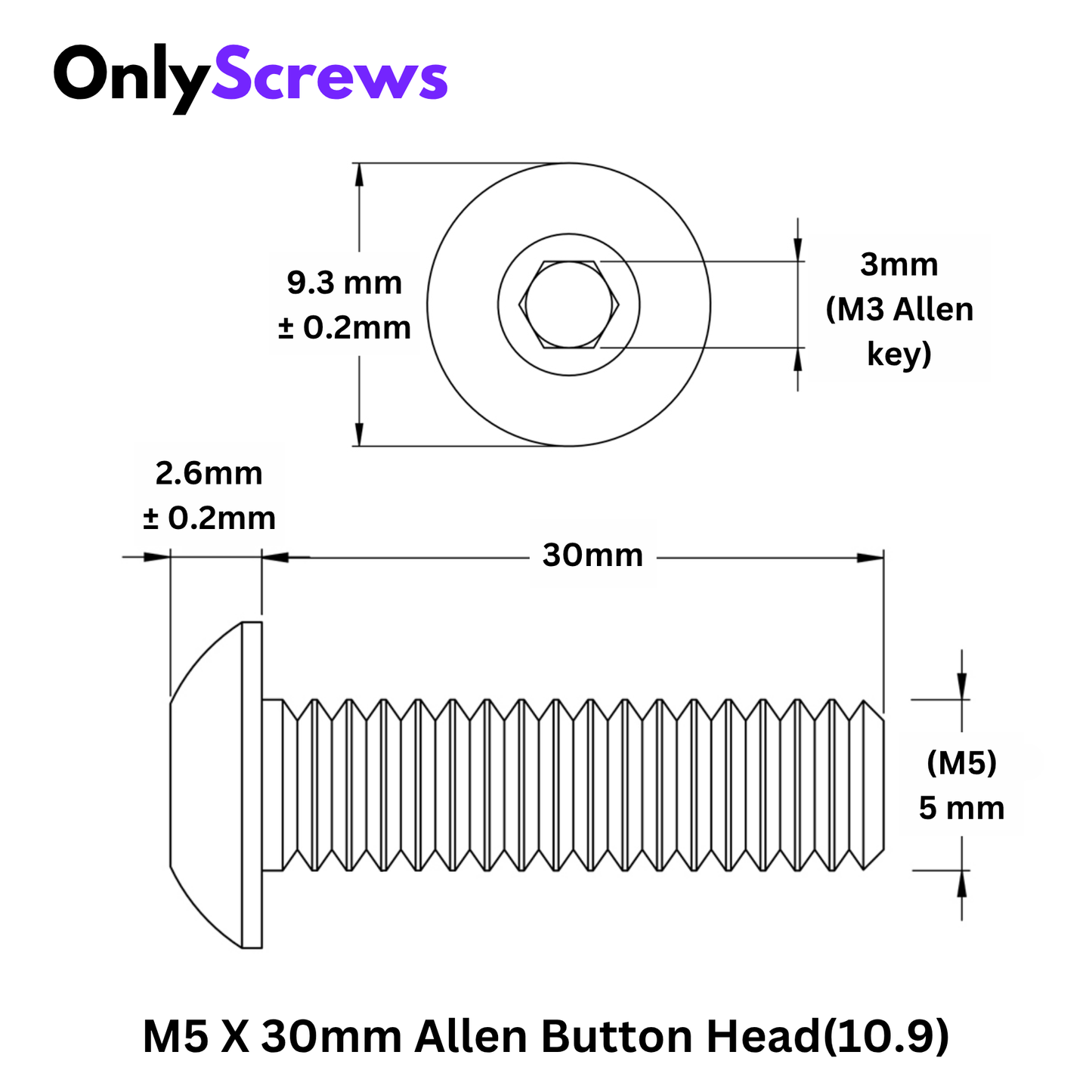 M5 X 30mm Hex (Allen) Button Head High Tensile(10.9) Black oxide screw (Dia. 5mm, Length 30mm)
