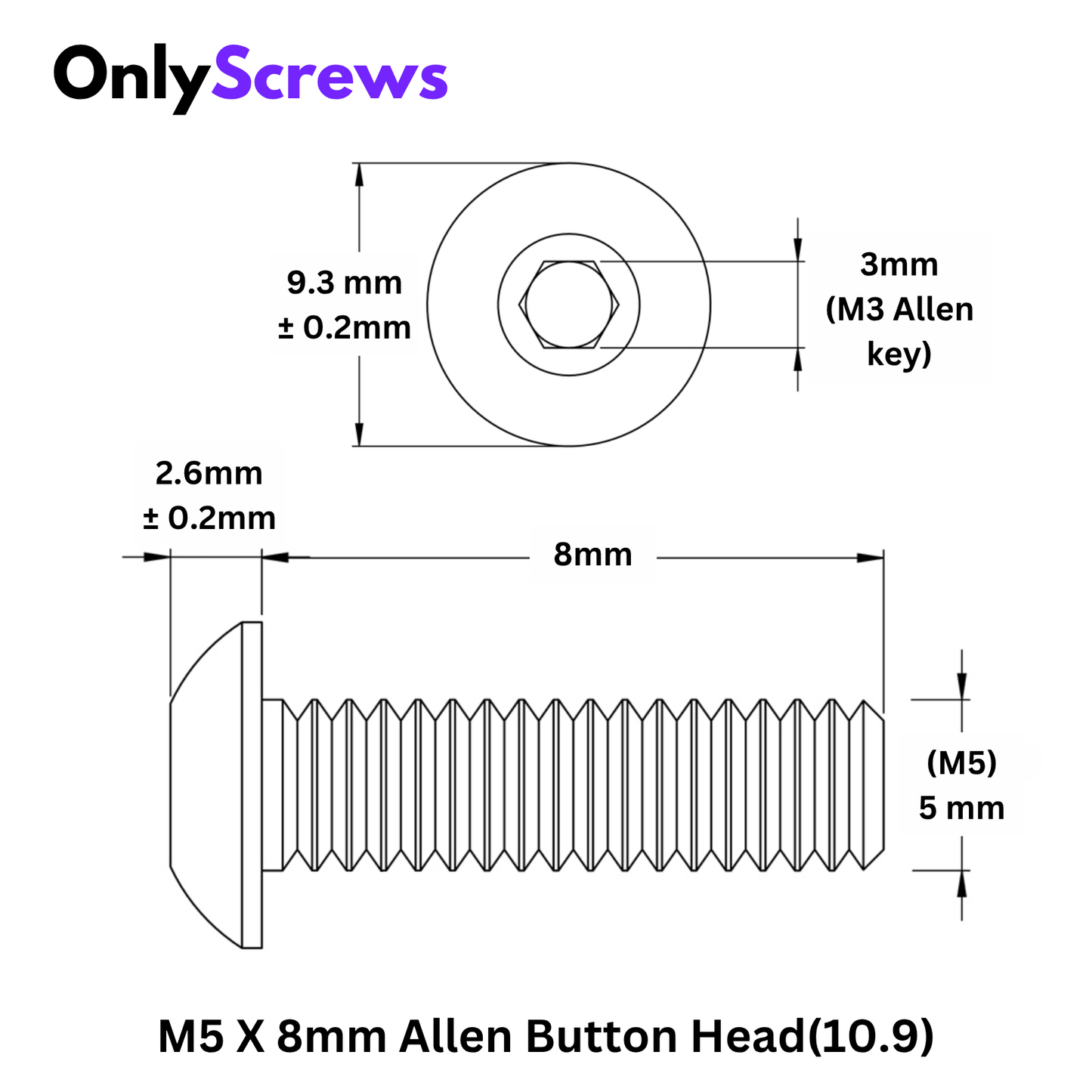 M5 X 8mm Hex (Allen) Button Head High Tensile(10.9) Black oxide screw (Dia. 5mm, Length 8mm)