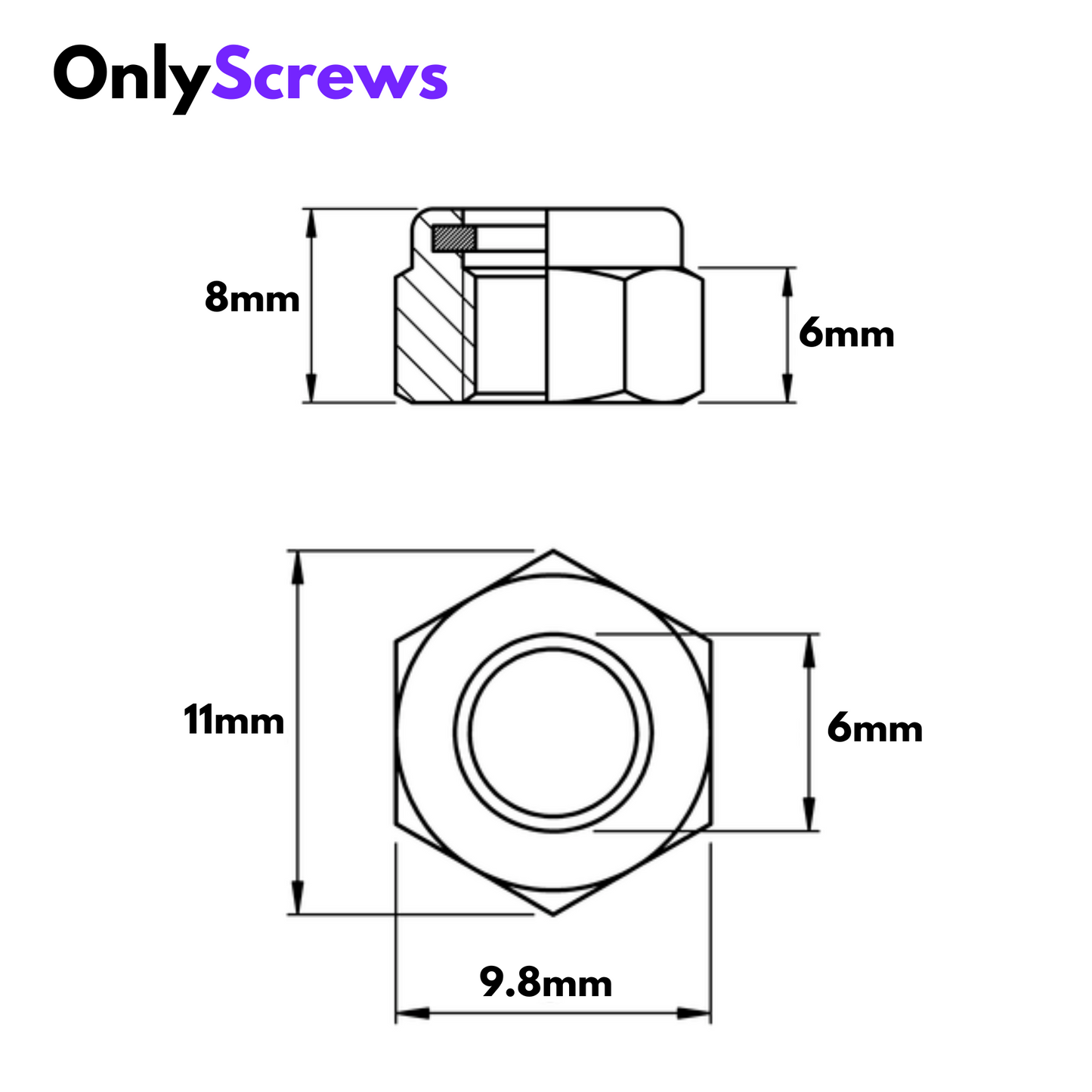 M6 Nyloc nuts with dimension