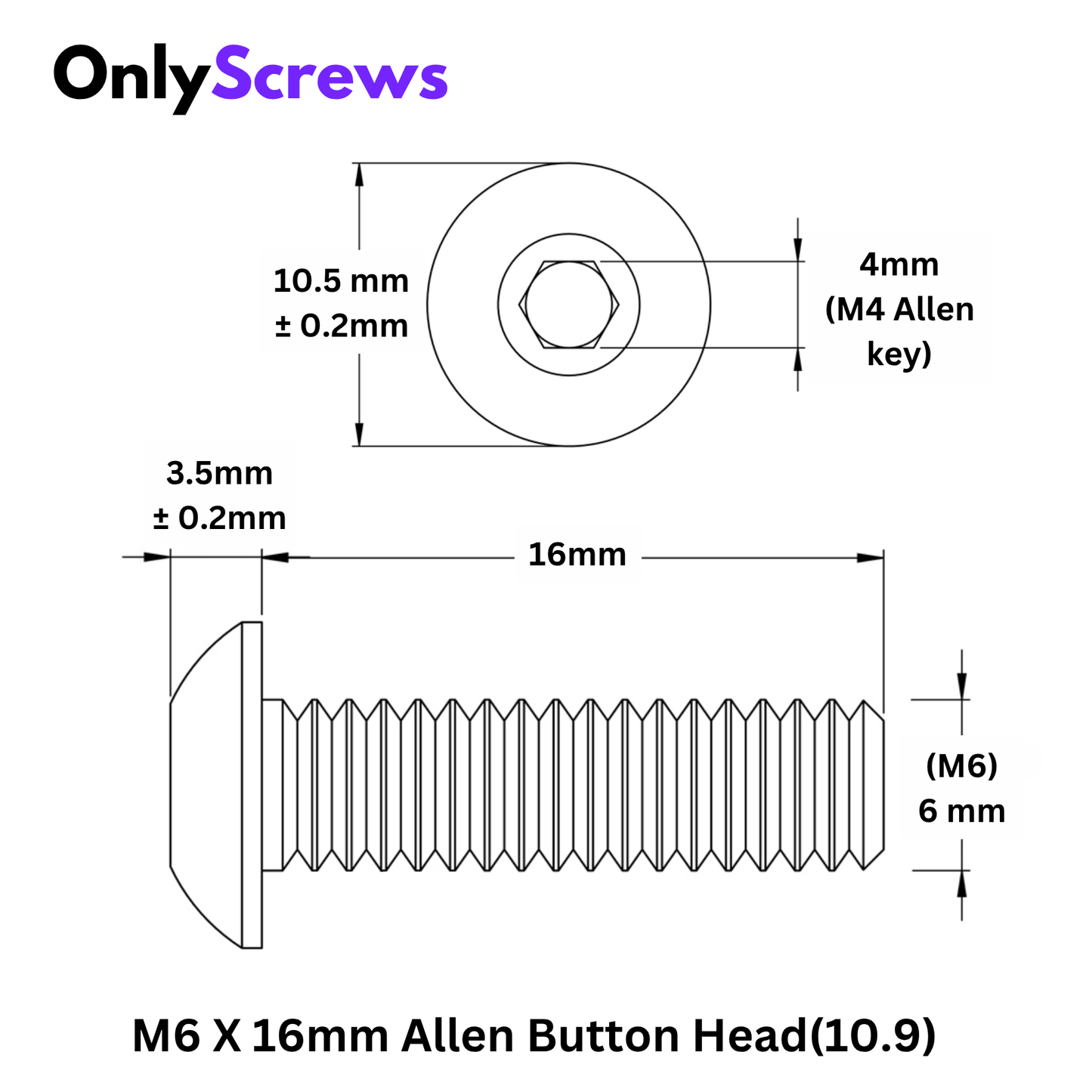 M6 X 16mm Hex (Allen) Button Head High Tensile(10.9) Black oxide screw (Dia. 6mm, Length 16mm)
