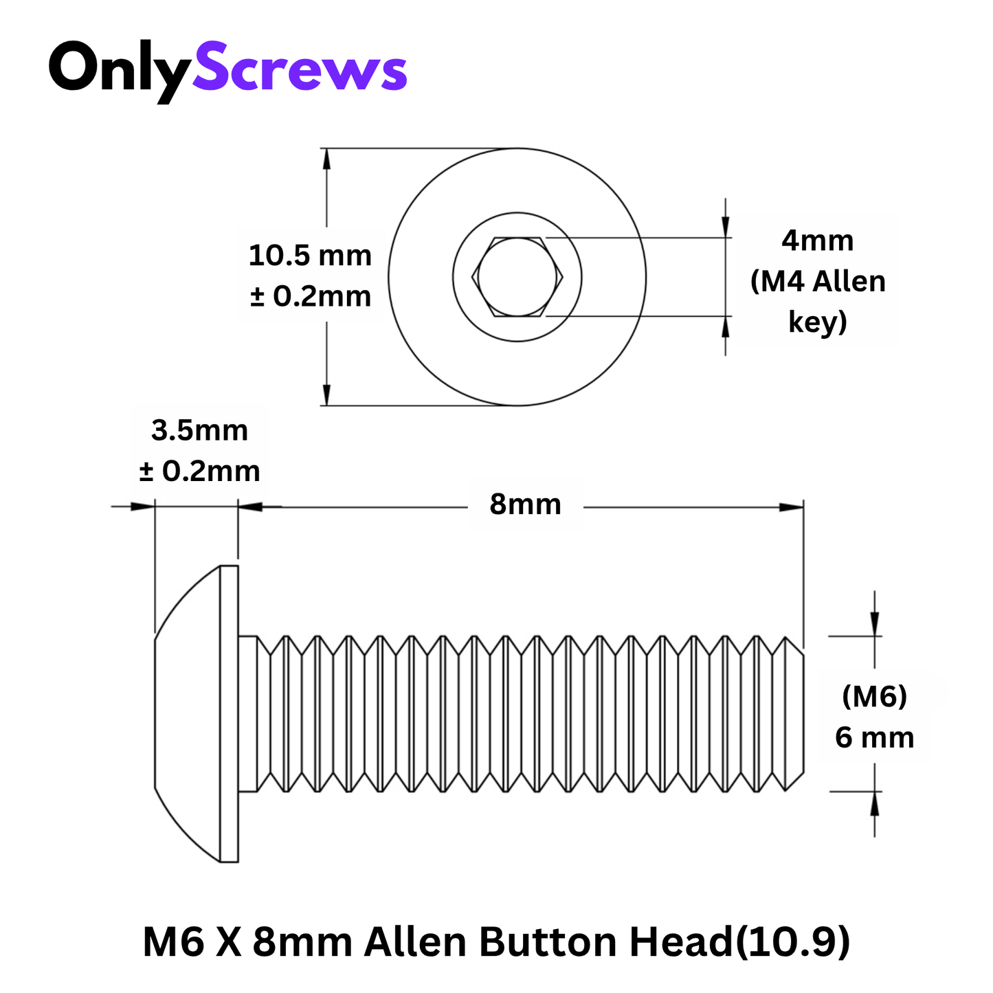 M6 X 8mm Hex (Allen) Button Head High Tensile(10.9) Black oxide screw (Dia. 6mm, Length 8mm)