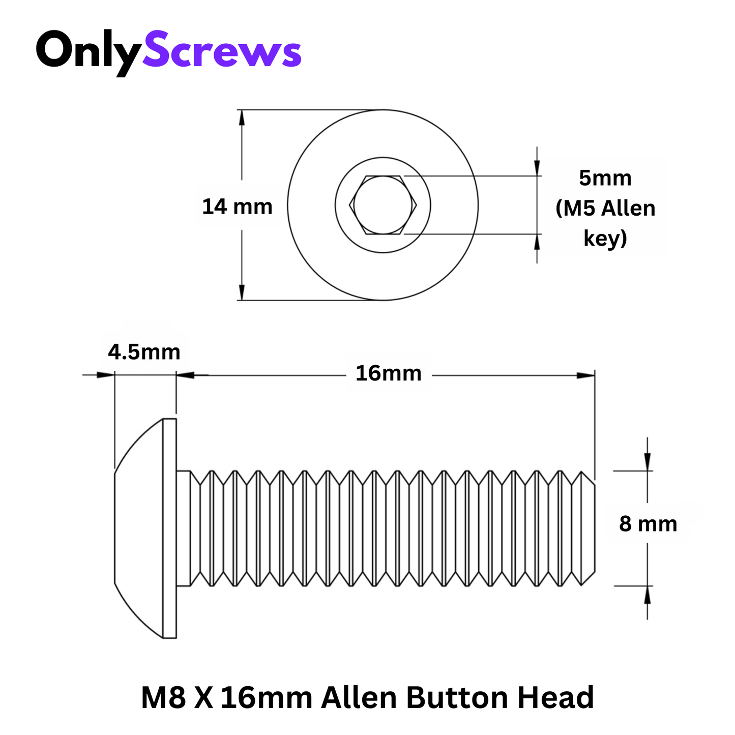 M8 X 16mm Hex (Allen) Button Head SS 304 Screw with dimensions