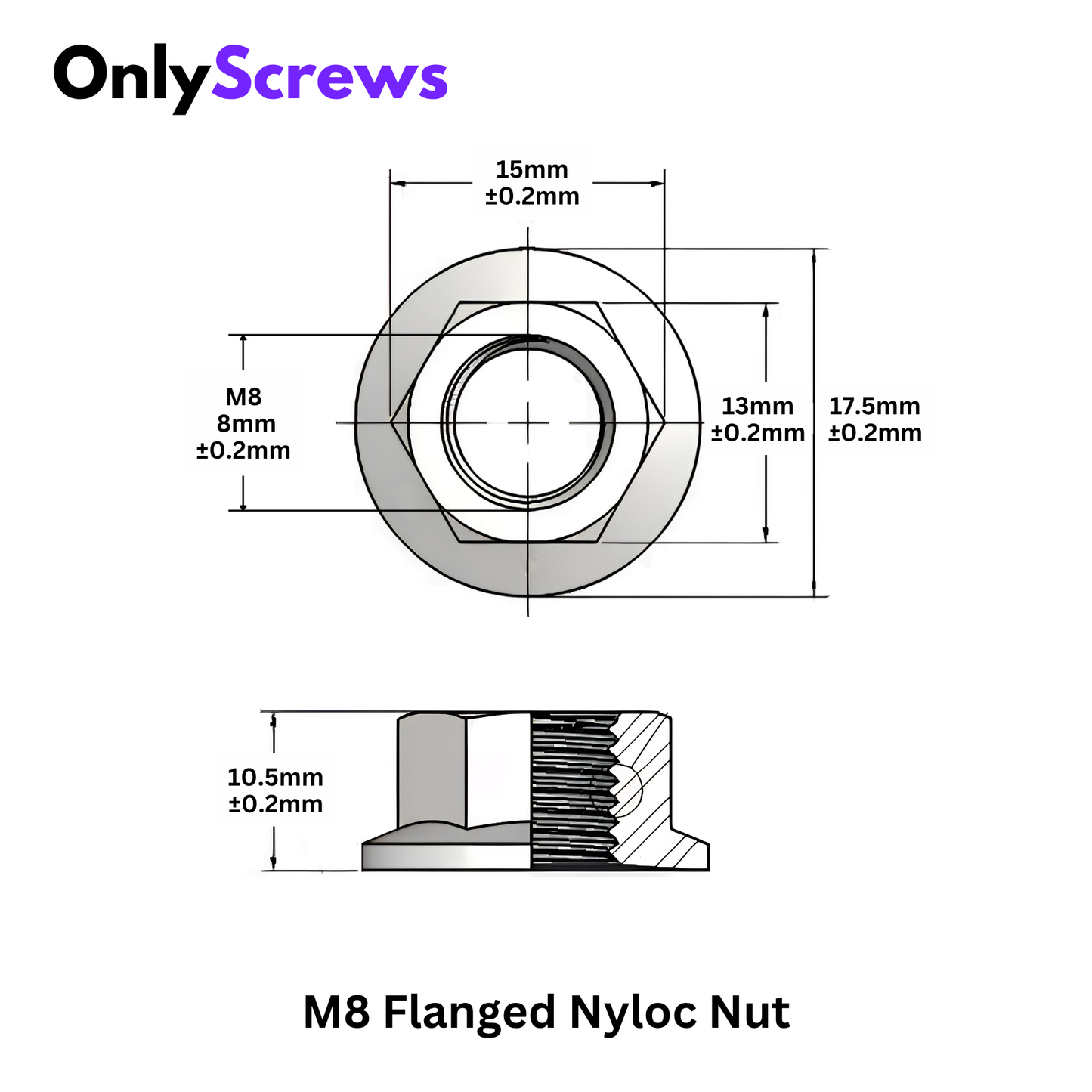 M8 Flanged Nyloc Nut Mild Steel with Nickel Plating (Dia: 8mm)