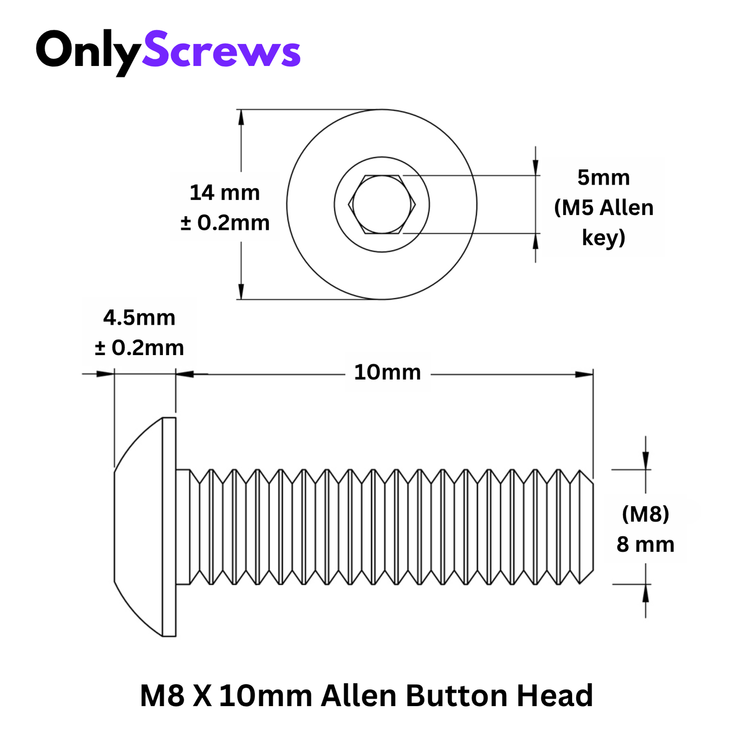 M8 X 10mm Hex (Allen) Button Head High Tensile(10.9) Black oxide screw (Dia. 8mm, Length 10mm)