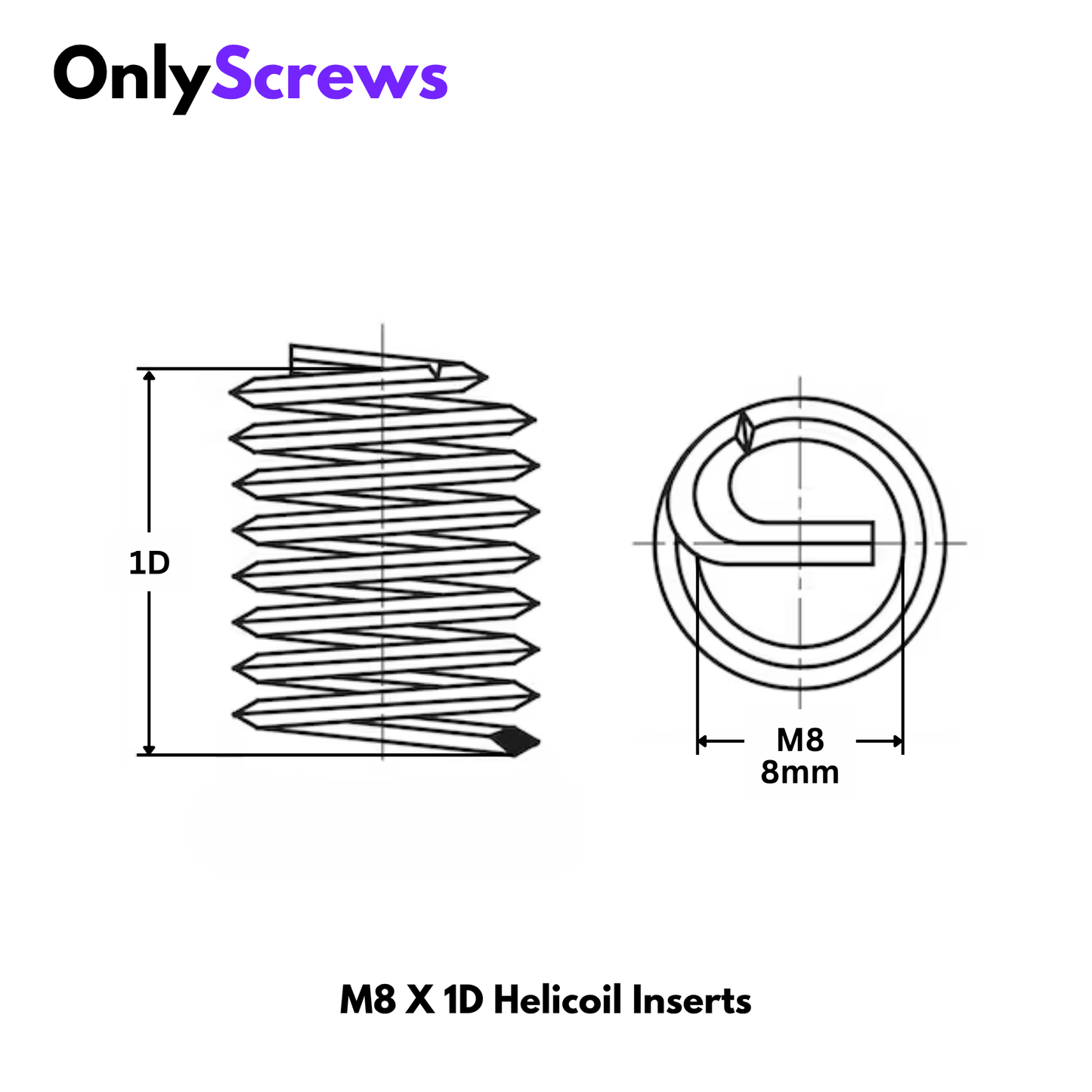 M8 x 1D Wire Threaded HeliCoil Inserts Stainless Steel 304