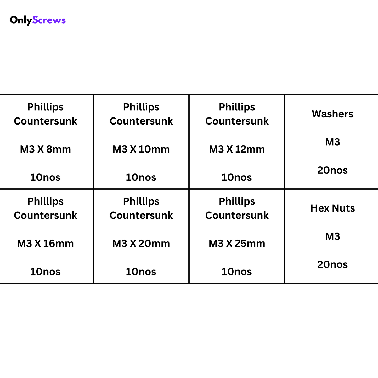 M3 Phillips Countersunk SS304 assorted box
