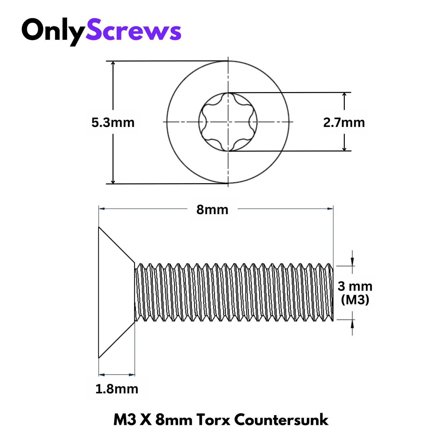 M3 X 8mm Torx(Star) CSK SS 304 Screw (Dia. 3mm, Length 8mm)