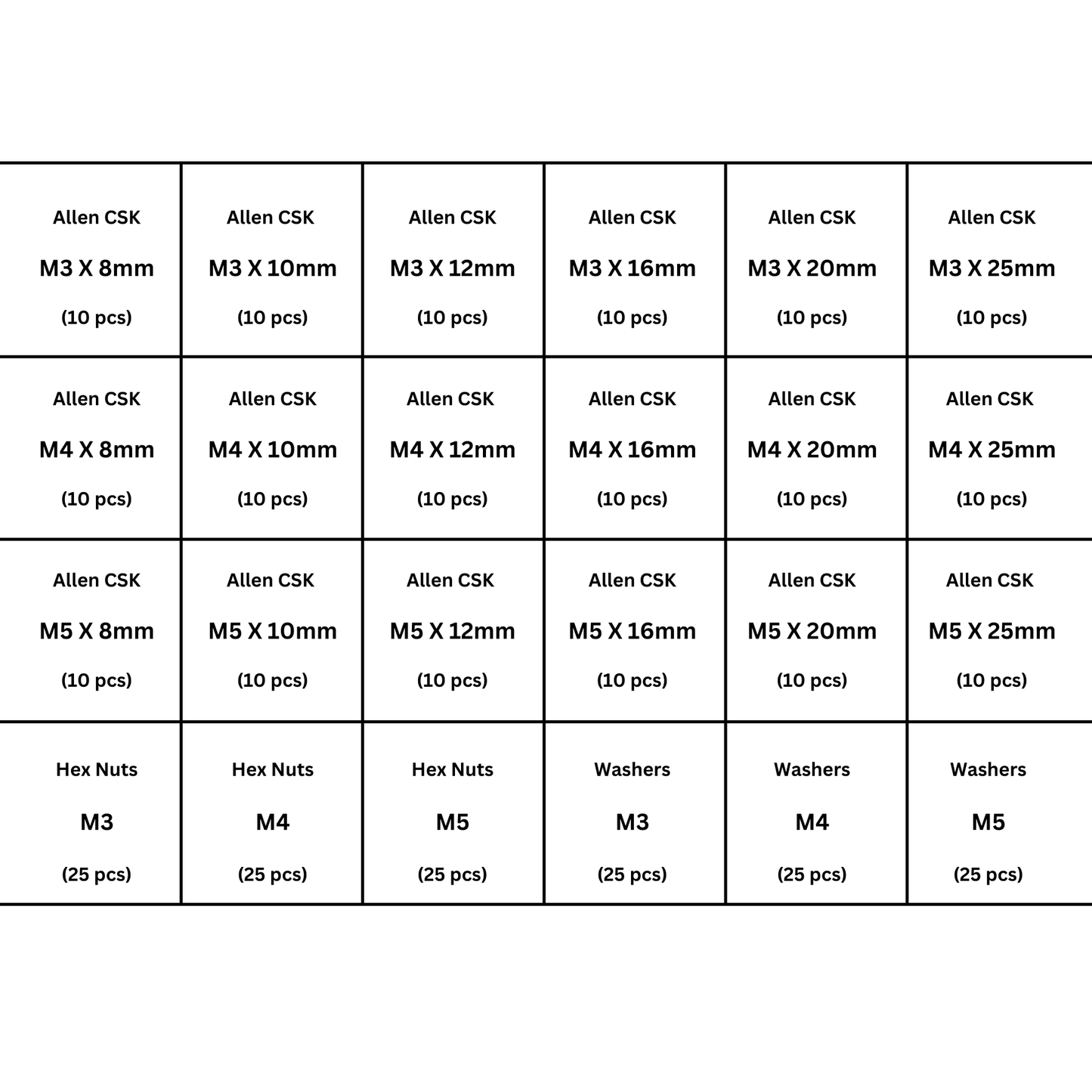 Hex(Allen) Countersunk(CSK) Assorted Screw Pack M3, M4 & M5 (SS304) - OnlyScrews