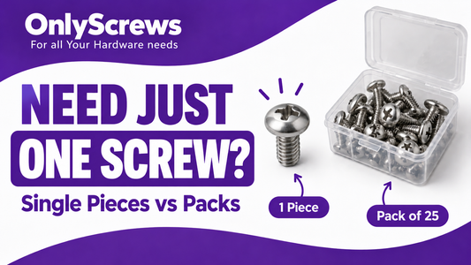 One screw beside a pack of 25 screws, illustrating single-piece and pack quantities