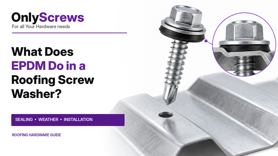 OnlyScrews guide: EPDM roofing screw washer sealing metal roof sheet, with washer close-up
