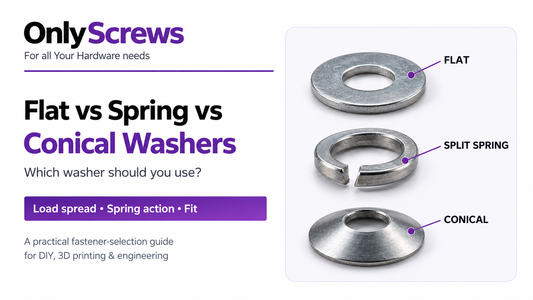 OnlyScrews photorealistic comparison of flat, split spring and conical Belleville washers