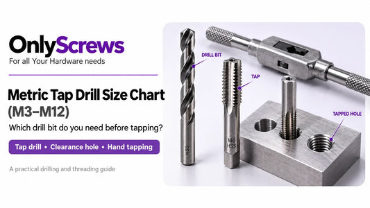 OnlyScrews metric tap drill size chart M3 through M12 with HSS drill bit, steel hand tap and threaded metal workpiece