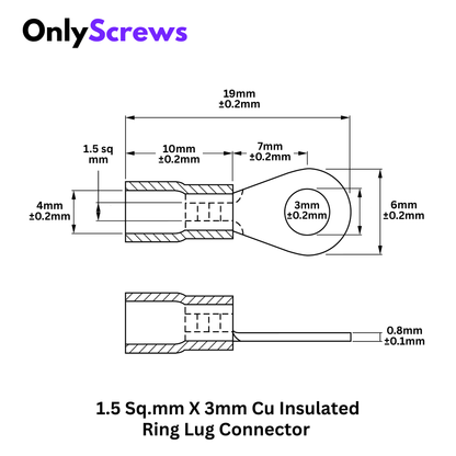 1.5 Sq.mm X 3mm Insulated Copper Ring Crimp Terminal Lug Connector